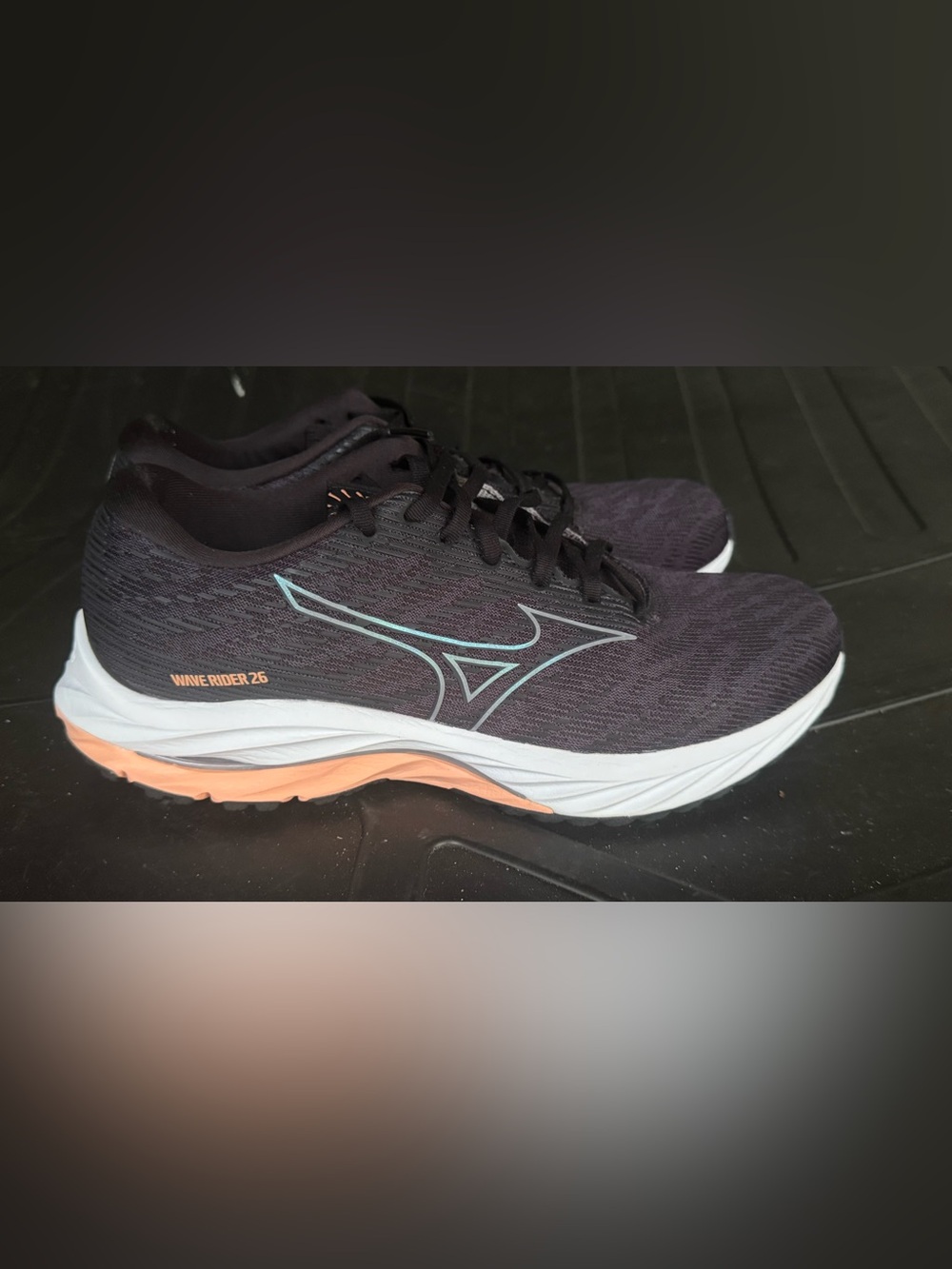 Mizuno Wave Rider Women's Running Shoes - Black with Peach and Teal Accents.